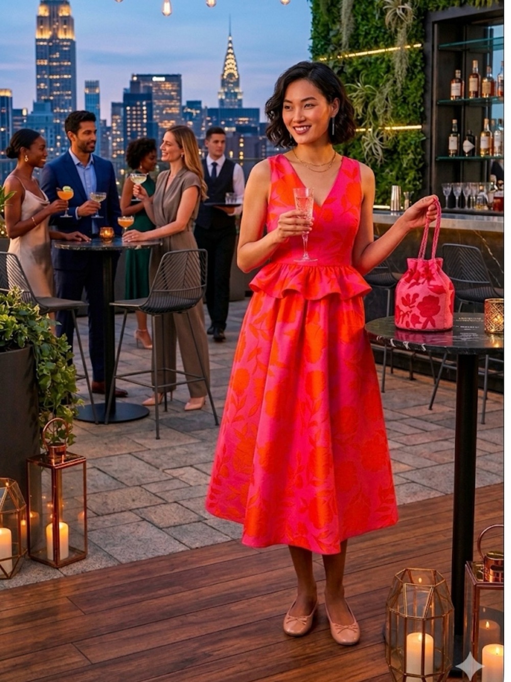 NWOT.Kate Spade. V-Neck Floral Fit & Flare Midi Dress in Hot Pink & Red. Size 4